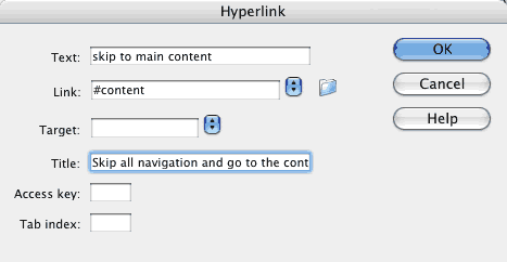 DW Hyperlink Dialog Box