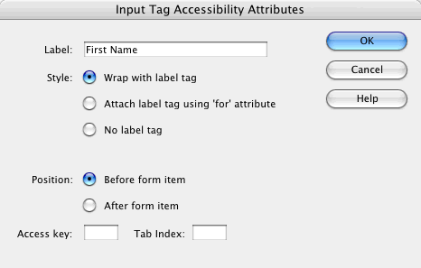 Insert Accessible Form dialog box