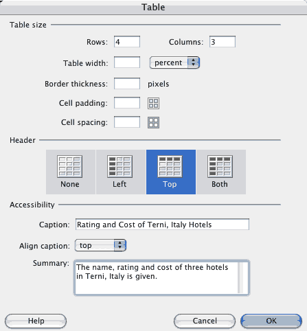 DW Table Dialog Box