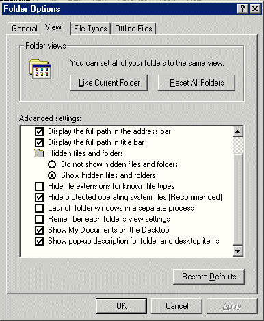 Find invisible files on Windows 2000. 